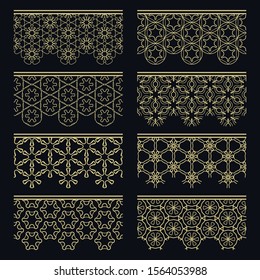 Set of golden seamless borders, line patterns. Tribal ethnic arabic, indian decorative ornaments, fashion gold lace collection. Isolated design elements for headline, banners, wedding invitation cards