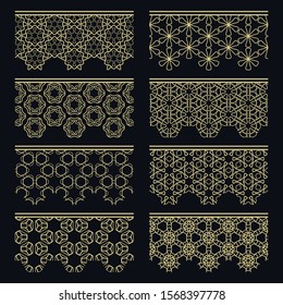 Set of golden seamless borders, line patterns. Tribal ethnic arabic, indian decorative ornaments, fashion gold lace collection. Isolated design elements for headline, banners, wedding invitation cards