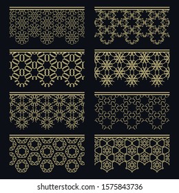Set of golden seamless borders, line patterns. Tribal ethnic arabic, indian decorative ornaments, fashion gold lace collection. Isolated design elements for headline, banners, wedding invitation cards