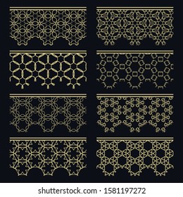 Set of golden seamless borders, line patterns. Tribal ethnic arabic, indian decorative ornaments, fashion gold lace collection. Isolated design elements for headline, banners, wedding invitation cards