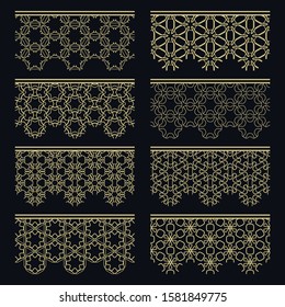 Set of golden seamless borders, line patterns. Tribal ethnic arabic, indian decorative ornaments, fashion gold lace collection. Isolated design elements for headline, banners, wedding invitation cards