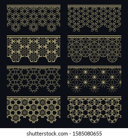Set of golden seamless borders, line patterns. Tribal ethnic arabic, indian decorative ornaments, fashion gold lace collection. Isolated design elements for headline, banners, wedding invitation cards