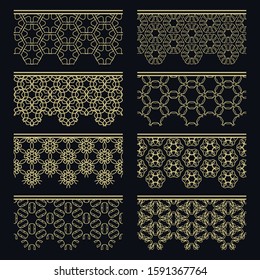 Set of golden seamless borders, line patterns. Tribal ethnic arabic, indian decorative ornaments, fashion gold lace collection. Isolated design elements for headline, banners, wedding invitation cards