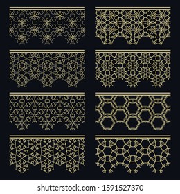 Set of golden seamless borders, line patterns. Tribal ethnic arabic, indian decorative ornaments, fashion gold lace collection. Isolated design elements for headline, banners, wedding invitation cards