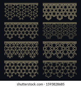 Set of golden seamless borders, line patterns. Tribal ethnic arabic, indian decorative ornaments, fashion gold lace collection. Isolated design elements for headline, banners, wedding invitation cards