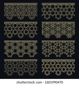 Set of golden seamless borders, line patterns. Tribal ethnic arabic, indian decorative ornaments, fashion gold lace collection. Isolated design elements for headline, banners, wedding invitation cards