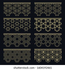 Set of golden seamless borders, line patterns. Tribal ethnic arabic, indian decorative ornaments, fashion gold lace collection. Isolated design elements for headline, banners, wedding invitation cards