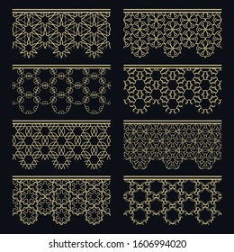 Set of golden seamless borders, line patterns. Tribal ethnic arabic, indian decorative ornaments, fashion gold lace collection. Isolated design elements for headline, banners, wedding invitation cards