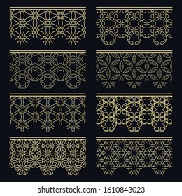 Set of golden seamless borders, line patterns. Tribal ethnic arabic, indian decorative ornaments, fashion gold lace collection. Isolated design elements for headline, banners, wedding invitation cards