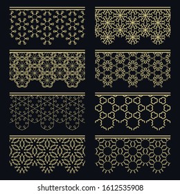 Set of golden seamless borders, line patterns. Tribal ethnic arabic, indian decorative ornaments, fashion gold lace collection. Isolated design elements for headline, banners, wedding invitation cards