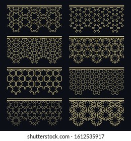 Set of golden seamless borders, line patterns. Tribal ethnic arabic, indian decorative ornaments, fashion gold lace collection. Isolated design elements for headline, banners, wedding invitation cards