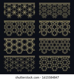 Set of golden seamless borders, line patterns. Tribal ethnic arabic, indian decorative ornaments, fashion gold lace collection. Isolated design elements for headline, banners, wedding invitation cards