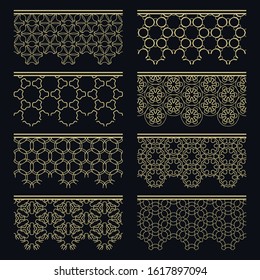 Set of golden seamless borders, line patterns. Tribal ethnic arabic, indian decorative ornaments, fashion gold lace collection. Isolated design elements for headline, banners, wedding invitation cards