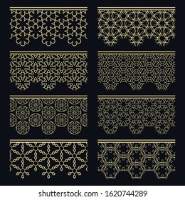 Set of golden seamless borders, line patterns. Tribal ethnic arabic, indian decorative ornaments, fashion gold lace collection. Isolated design elements for headline, banners, wedding invitation cards