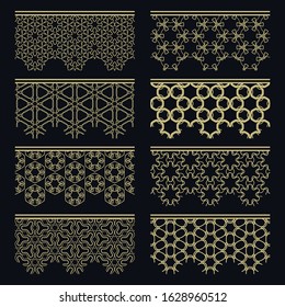 Set of golden seamless borders, line patterns. Tribal ethnic arabic, indian decorative ornaments, fashion gold lace collection. Isolated design elements for headline, banners, wedding invitation cards