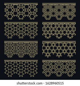 Set of golden seamless borders, line patterns. Tribal ethnic arabic, indian decorative ornaments, fashion gold lace collection. Isolated design elements for headline, banners, wedding invitation cards