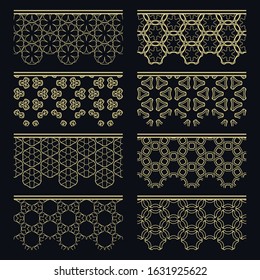 Set of golden seamless borders, line patterns. Tribal ethnic arabic, indian decorative ornaments, fashion gold lace collection. Isolated design elements for headline, banners, wedding invitation cards