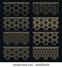Set of golden seamless borders, line patterns. Tribal ethnic arabic, indian decorative ornaments, fashion gold lace collection. Isolated design elements for headline, banners, wedding invitation cards