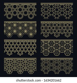 Set of golden seamless borders, line patterns. Tribal ethnic arabic, indian decorative ornaments, fashion gold lace collection. Isolated design elements for headline, banners, wedding invitation cards