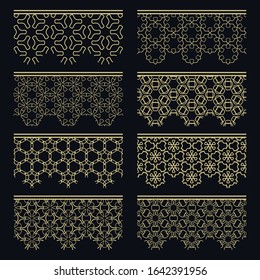 Set of golden seamless borders, line patterns. Tribal ethnic arabic, indian decorative ornaments, fashion gold lace collection. Isolated design elements for headline, banners, wedding invitation cards
