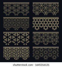 Set of golden seamless borders, line patterns. Tribal ethnic arabic, indian decorative ornaments, fashion gold lace collection. Isolated design elements for headline, banners, wedding invitation cards