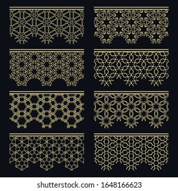 Set of golden seamless borders, line patterns. Tribal ethnic arabic, indian decorative ornaments, fashion gold lace collection. Isolated design elements for headline, banners, wedding invitation cards