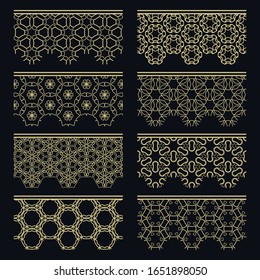 Set of golden seamless borders, line patterns. Tribal ethnic arabic, indian decorative ornaments, fashion gold lace collection. Isolated design elements for headline, banners, wedding invitation cards