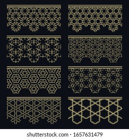 Set of golden seamless borders, line patterns. Tribal ethnic arabic, indian decorative ornaments, fashion gold lace collection. Isolated design elements for headline, banners, wedding invitation cards