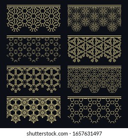 Set of golden seamless borders, line patterns. Tribal ethnic arabic, indian decorative ornaments, fashion gold lace collection. Isolated design elements for headline, banners, wedding invitation cards