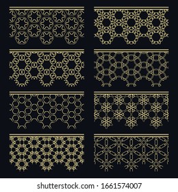 Satz goldener nahtloser Grenzen, Zeilenmuster. Ethnische arabische Stämme, indische Zierdekorationen, Modegoldholzsammlung. Einzige Design-Elemente für Schlagzeilen, Banner, Einladungskarten für Hochzeiten
