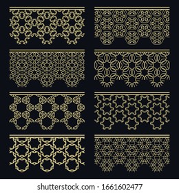 Set of golden seamless borders, line patterns. Tribal ethnic arabic, indian decorative ornaments, fashion gold lace collection. Isolated design elements for headline, banners, wedding invitation cards