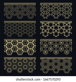 Set of golden seamless borders, line patterns. Tribal ethnic arabic, indian decorative ornaments, fashion gold lace collection. Isolated design elements for headline, banners, wedding invitation cards