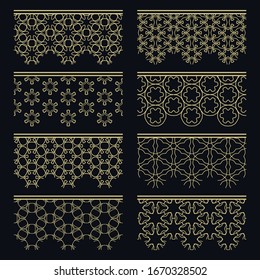 Conjunto de bordes dorados sin fisuras, patrones de línea. Ornamentos decorativos indios, colección de encajes de oro de moda. Elementos de diseño aislados para titulares, banners, tarjetas de invitación para bodas