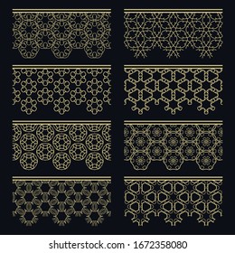 Satz goldener nahtloser Grenzen, Zeilenmuster. Ethnische arabische Stämme, indische Zierdekorationen, Modegoldholzsammlung. Einzige Design-Elemente für Schlagzeilen, Banner, Einladungskarten für Hochzeiten