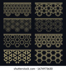 Set of golden seamless borders, line patterns. Tribal ethnic arabic, indian decorative ornaments, fashion gold lace collection. Isolated design elements for headline, banners, wedding invitation cards