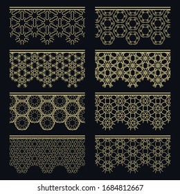 Set of golden seamless borders, line patterns. Tribal ethnic arabic, indian decorative ornaments, fashion gold lace collection. Isolated design elements for headline, banners, wedding invitation cards