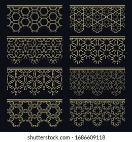 Set of golden seamless borders, line patterns. Tribal ethnic arabic, indian decorative ornaments, fashion gold lace collection. Isolated design elements for headline, banners, wedding invitation cards