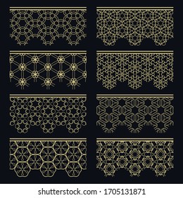 Set of golden seamless borders, line patterns. Tribal ethnic arabic, indian decorative ornaments, fashion gold lace collection. Isolated design elements for headline, banners, wedding invitation cards