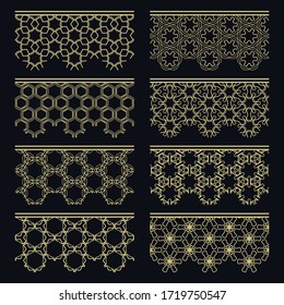 Conjunto de bordes dorados sin fisuras, patrones de línea. Ornamentos decorativos indios, colección de encajes de oro de moda. Elementos de diseño aislados para titulares, banners, tarjetas de invitación para bodas