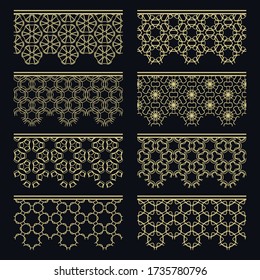 Conjunto de bordes dorados sin soldadura, patrones de línea. Arábico étnico tribal, adornos decorativos indios, colección de encajes de oro de moda. Elementos de diseño aislados para titulares, banners, tarjetas de invitación para bodas
