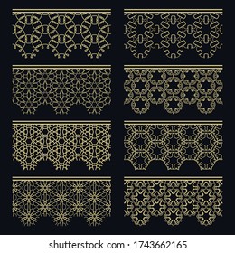 Satz goldfarbener, nahtloser Grenzen, Linienmuster. Ethnische arabische Stämme, indische dekorative Ornamente, Mode Gold Spitzen Sammlung. Einzelne Designelemente für Schlagzeilen, Banner, Einladungskarten für Hochzeiten