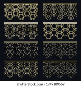 Set of golden seamless borders, line patterns. Tribal ethnic arabic, indian decorative ornaments, fashion gold lace collection. Isolated design elements for headline, banners, wedding invitation cards