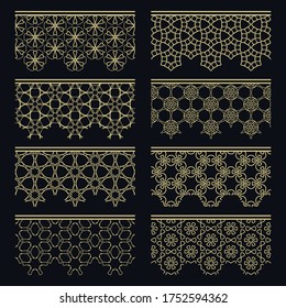 Set of golden seamless borders, line patterns. Tribal ethnic arabic, indian decorative ornaments, fashion gold lace collection. Isolated design elements for headline, banners, wedding invitation cards