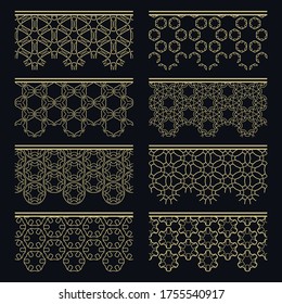 Satz goldener nahtloser Grenzen, Zeilenmuster. Ethnische arabische Stämme, indische Zierdekorationen, Modegoldholzsammlung. Einzige Design-Elemente für Schlagzeilen, Banner, Einladungskarten für Hochzeiten
