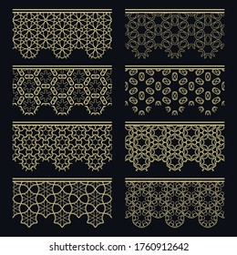 Set of golden seamless borders, line patterns. Tribal ethnic arabic, indian decorative ornaments, fashion gold lace collection. Isolated design elements for headline, banners, wedding invitation cards