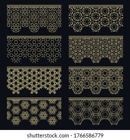 Set of golden seamless borders, line patterns. Tribal ethnic arabic, indian decorative ornaments, fashion gold lace collection. Isolated design elements for headline, banners, wedding invitation cards