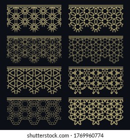 Set of golden seamless borders, line patterns. Tribal ethnic arabic, indian decorative ornaments, fashion gold lace collection. Isolated design elements for headline, banners, wedding invitation cards