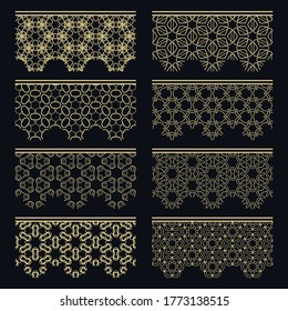 Satz goldener nahtloser Grenzen, Zeilenmuster. Ethnische arabische Stämme, indische Zierdekorationen, Modegoldholzsammlung. Einzige Design-Elemente für Schlagzeilen, Banner, Einladungskarten für Hochzeiten