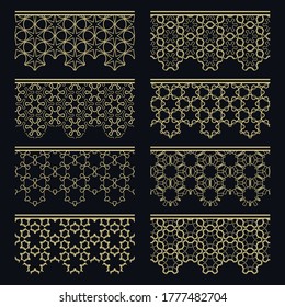 Set of golden seamless borders, line patterns. Tribal ethnic arabic, indian decorative ornaments, fashion gold lace collection. Isolated design elements for headline, banners, wedding invitation cards