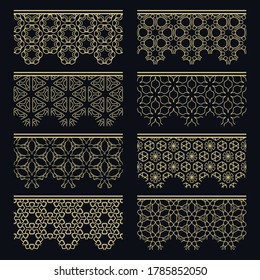 Set of golden seamless borders, line patterns. Tribal ethnic arabic, indian decorative ornaments, fashion gold lace collection. Isolated design elements for headline, banners, wedding invitation cards